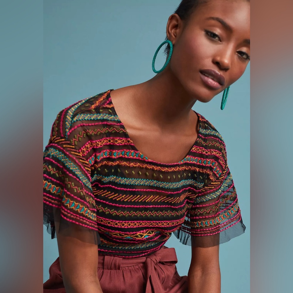 MAEVE x ANTHROPOLOGIE Naples Embroidered Mesh Blouse